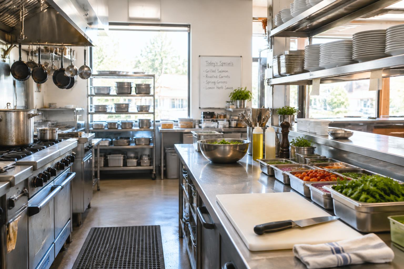 A bright commercial kitchen mid-morning with stainless steel prep counters, pots and prepped ingredients in daylight from the window.