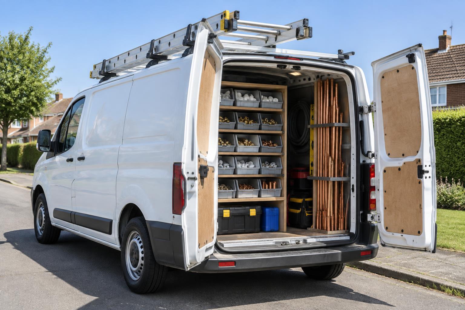 An unbranded contractor's van parked on a sunny suburban street with its rear doors open, ladder rack on the roof and organised shelves of fittings and copper pipe inside.